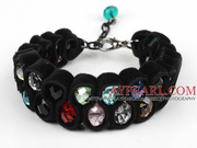 Multi Color Crystal and Black Velvet Ribbon Woven Bold Bracelet