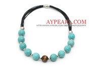 Round Turquoise and Tiger Eye Leather Necklace Is Sold